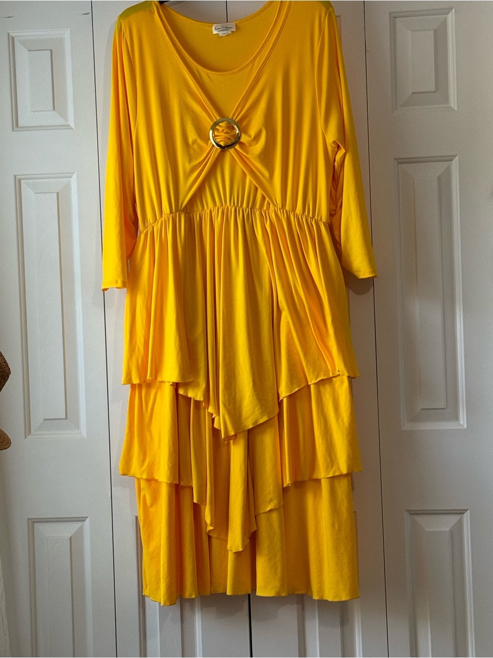 Yellow Tiered Midi Dress with Decorative Buckle